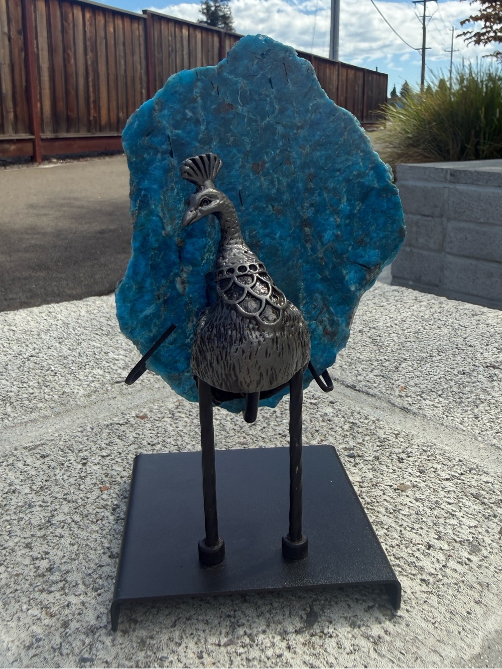 Raw Blue Apatite Slab Peacock Metal Display Statue Accent Decor
